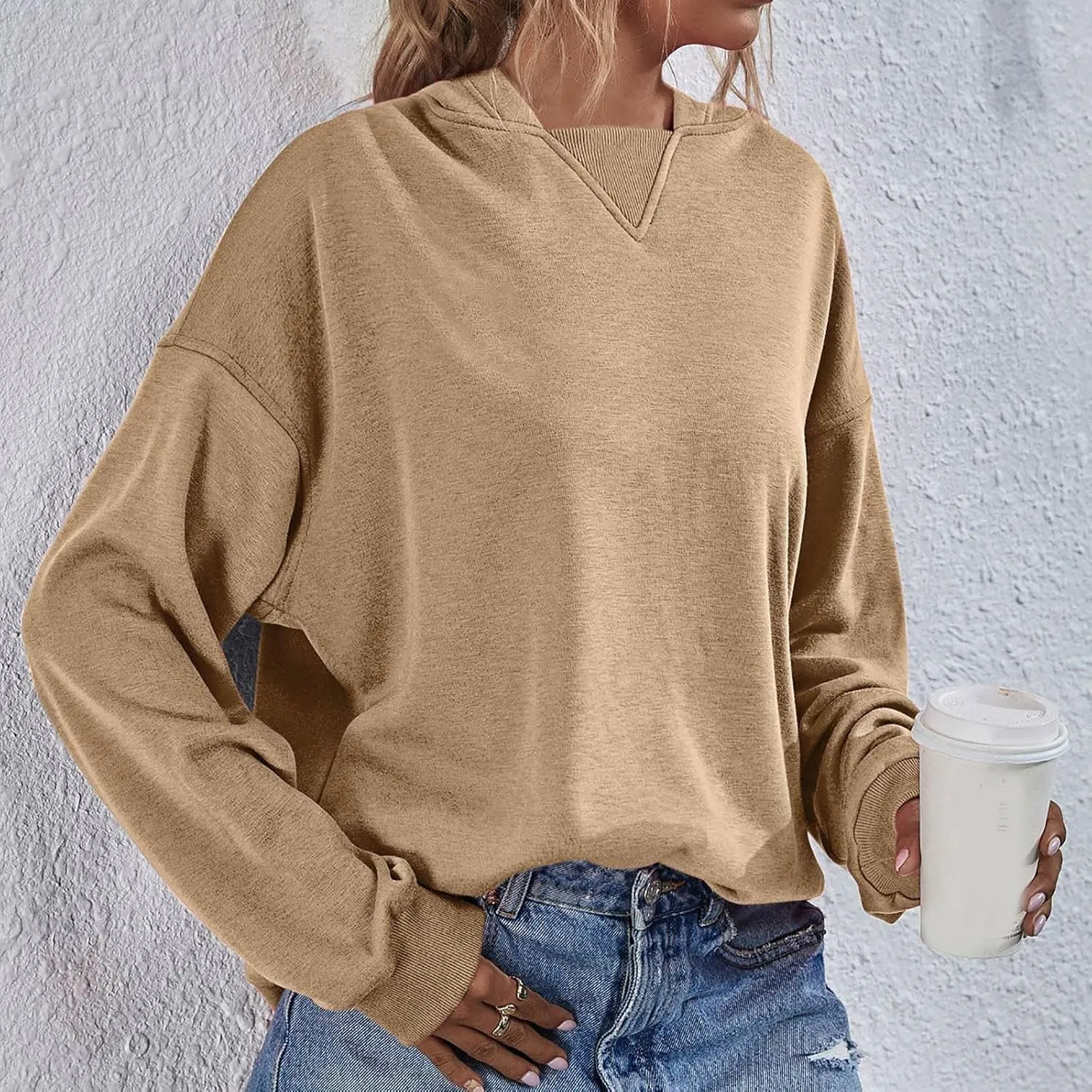 Women Hoodies Casual Long Sleeve Sweatshirt Solid Color Loose Pullover Tops 2023 Plus Size Fall Blouses Shirts