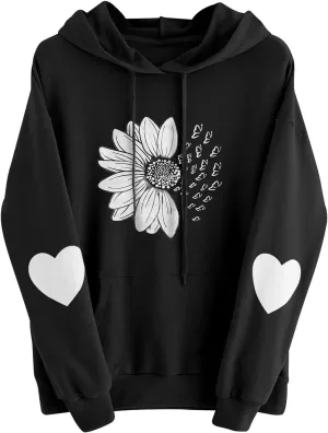 Women Hoodies Daisy Graphic Long Sleeve Pullover Drawstring Tops 2024 Fall Loose Floral Print Sweatshirt with Pockets