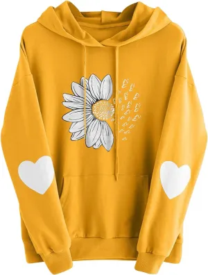 Women Hoodies Daisy Graphic Long Sleeve Pullover Drawstring Tops 2024 Fall Loose Floral Print Sweatshirt with Pockets