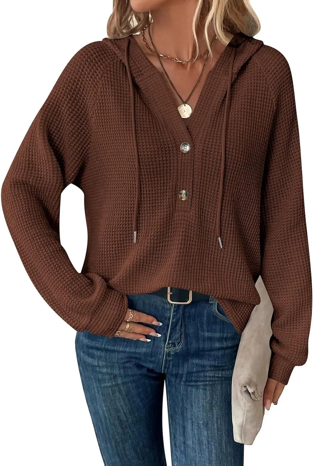 Women Hoodies Waffle Knit Drawstring Button V Neck Oversized Hoodies Pullover Fall Fashion Lightweight Tunic Hoodies