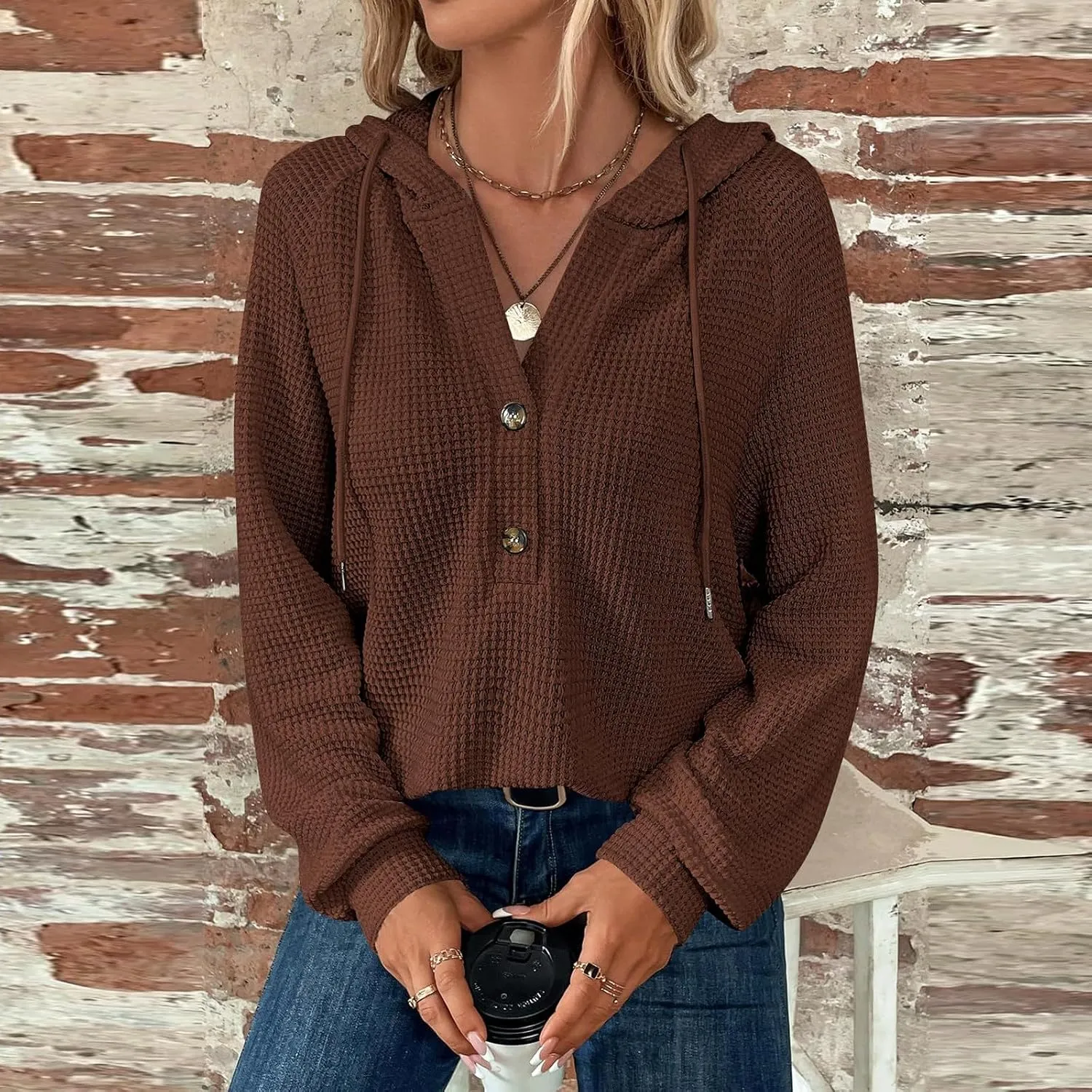 Women Hoodies Waffle Knit Drawstring Button V Neck Oversized Hoodies Pullover Fall Fashion Lightweight Tunic Hoodies