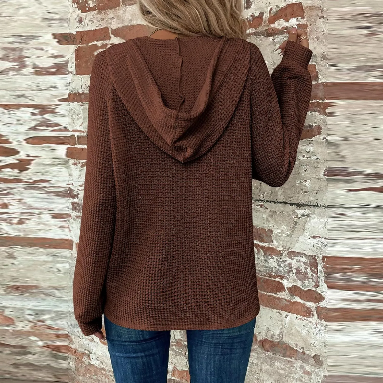 Women Hoodies Waffle Knit Drawstring Button V Neck Oversized Hoodies Pullover Fall Fashion Lightweight Tunic Hoodies
