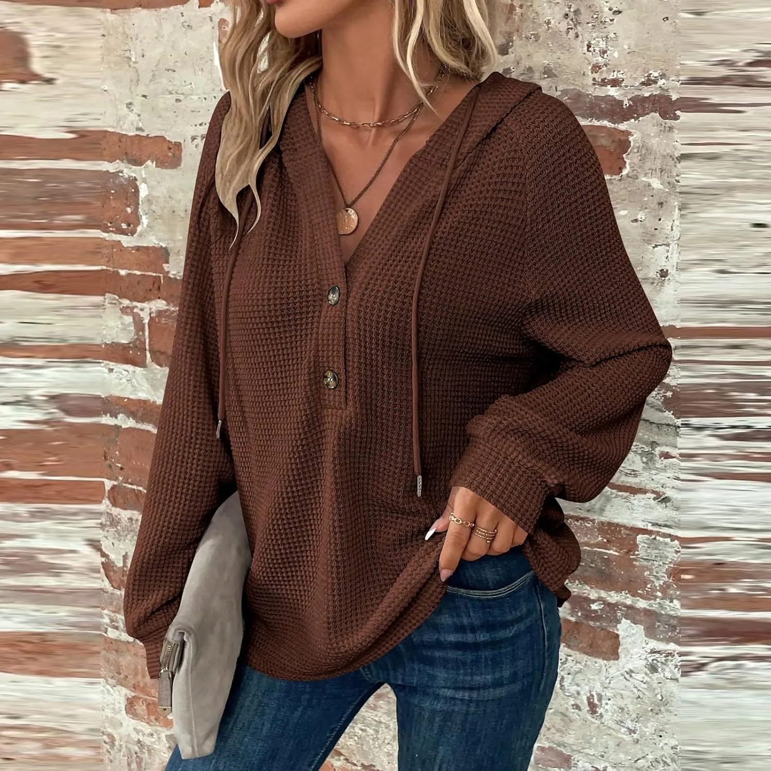 Women Hoodies Waffle Knit Drawstring Button V Neck Oversized Hoodies Pullover Fall Fashion Lightweight Tunic Hoodies