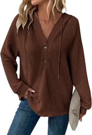 Women Hoodies Waffle Knit Drawstring Button V Neck Oversized Hoodies Pullover Fall Fashion Lightweight Tunic Hoodies