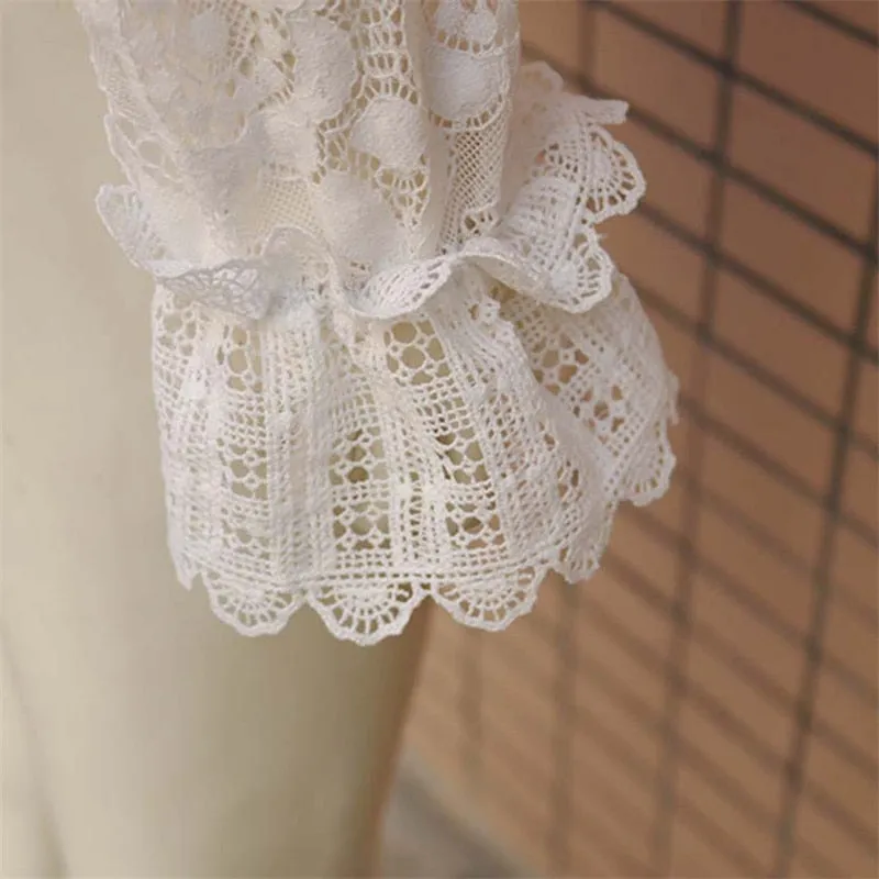 Women Lace Blouse Elegant Formal Embroidery Long Sleeve White Shirts Blouse Tops