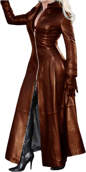 Women Leather Jacket 2024 Long Sleeve Jacket Dress Zipper Leather Long Jacket Coats Lapel Collar Outwear Boater