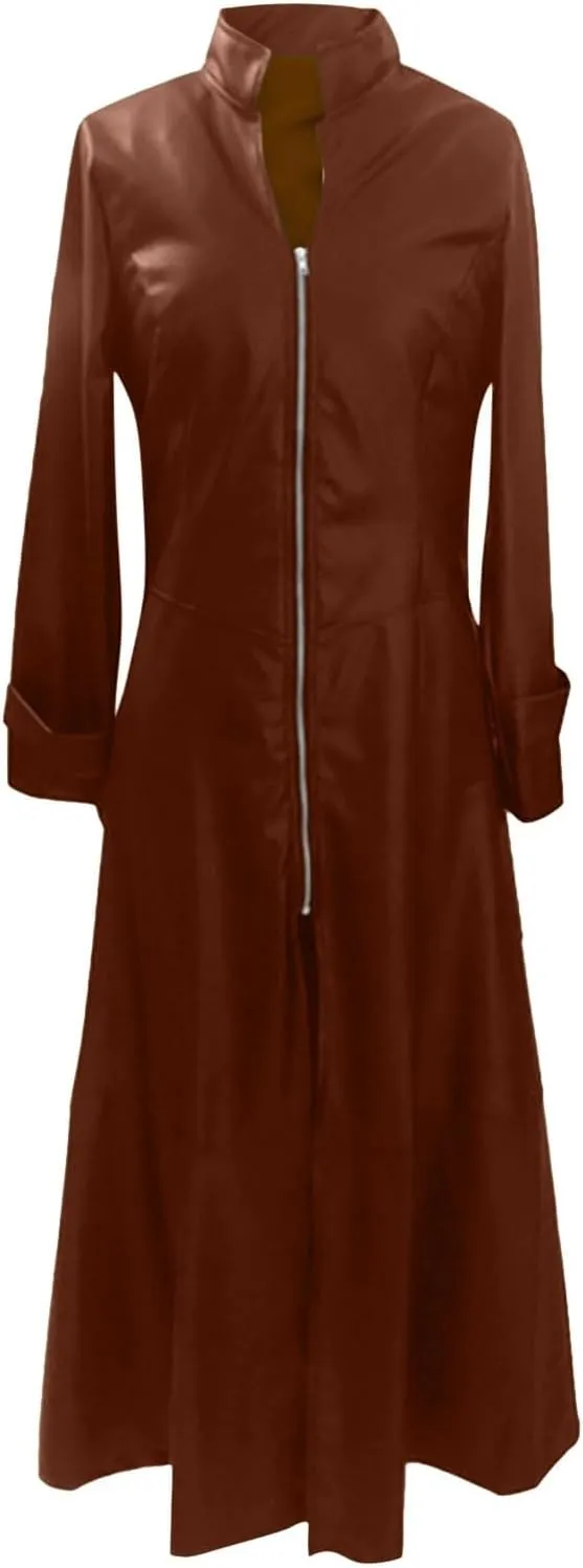 Women Leather Jacket 2024 Long Sleeve Jacket Dress Zipper Leather Long Jacket Coats Lapel Collar Outwear Boater