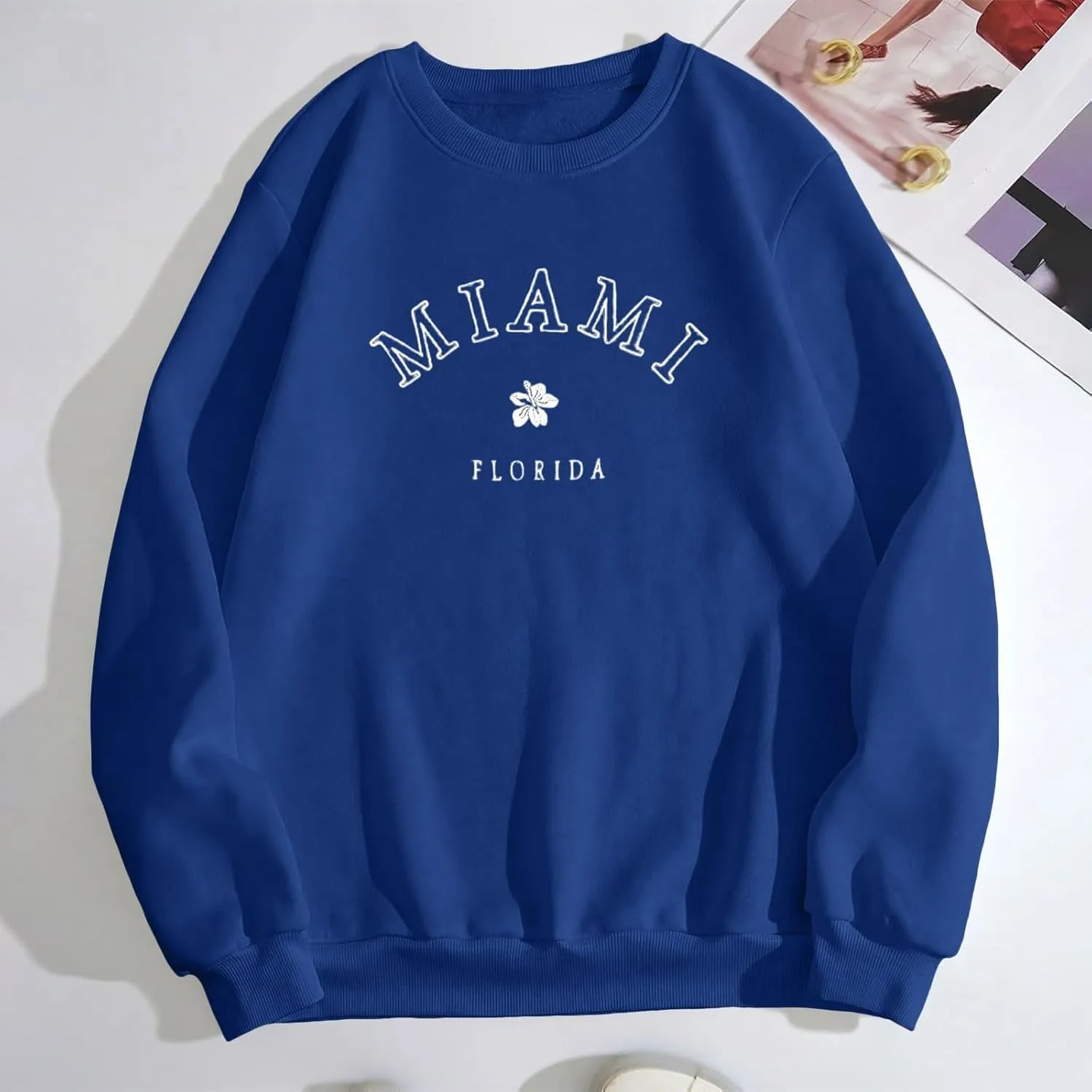 Women Miami Letter Graphic Print Oversized Sweatshirt Fleece Crewneck Long Sleeve Drop Shoulder Pullover Fall Clothes