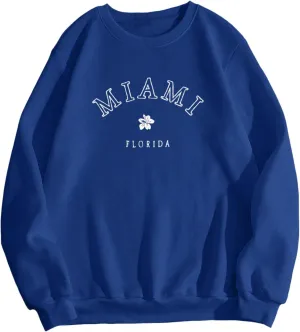 Women Miami Letter Graphic Print Oversized Sweatshirt Fleece Crewneck Long Sleeve Drop Shoulder Pullover Fall Clothes