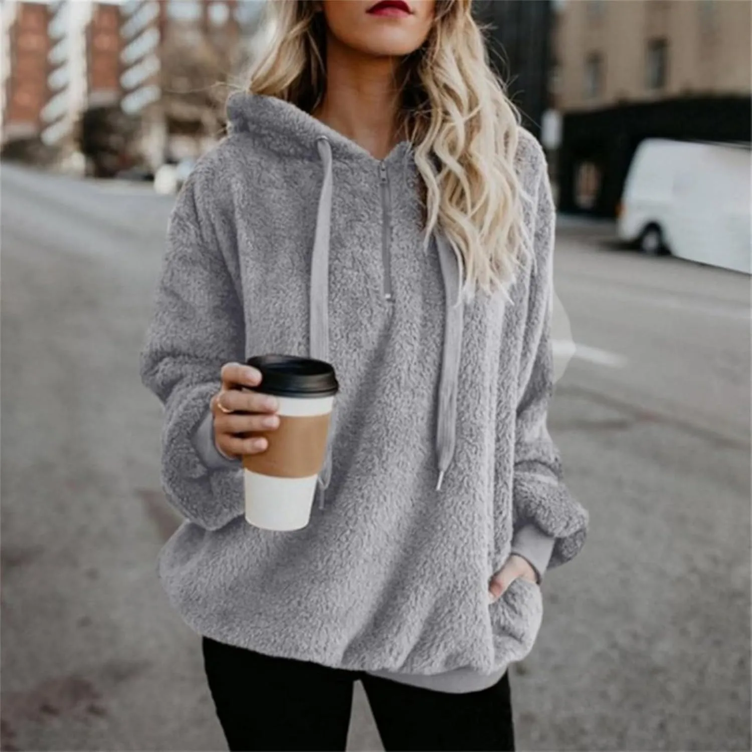 Women Sherpa Hoodie Fuzzy Fleece Quarter Zip Pullover Loose Comfy Plush Sweatshirt with Pockets Cute Winter Clothes