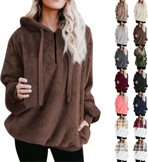 Women Sherpa Hoodie Fuzzy Fleece Quarter Zip Pullover Loose Comfy Plush Sweatshirt with Pockets Cute Winter Clothes