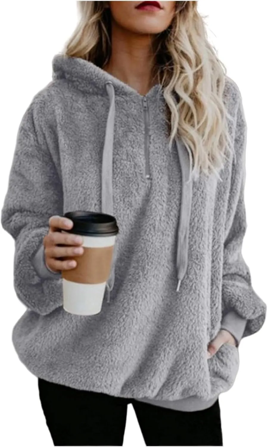 Women Sherpa Hoodie Fuzzy Fleece Quarter Zip Pullover Loose Comfy Plush Sweatshirt with Pockets Cute Winter Clothes