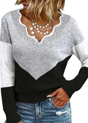Women Spring Color Block V Neck Knit Pullover Long Sleeve Sexy Casual Soft Sweaters Tops