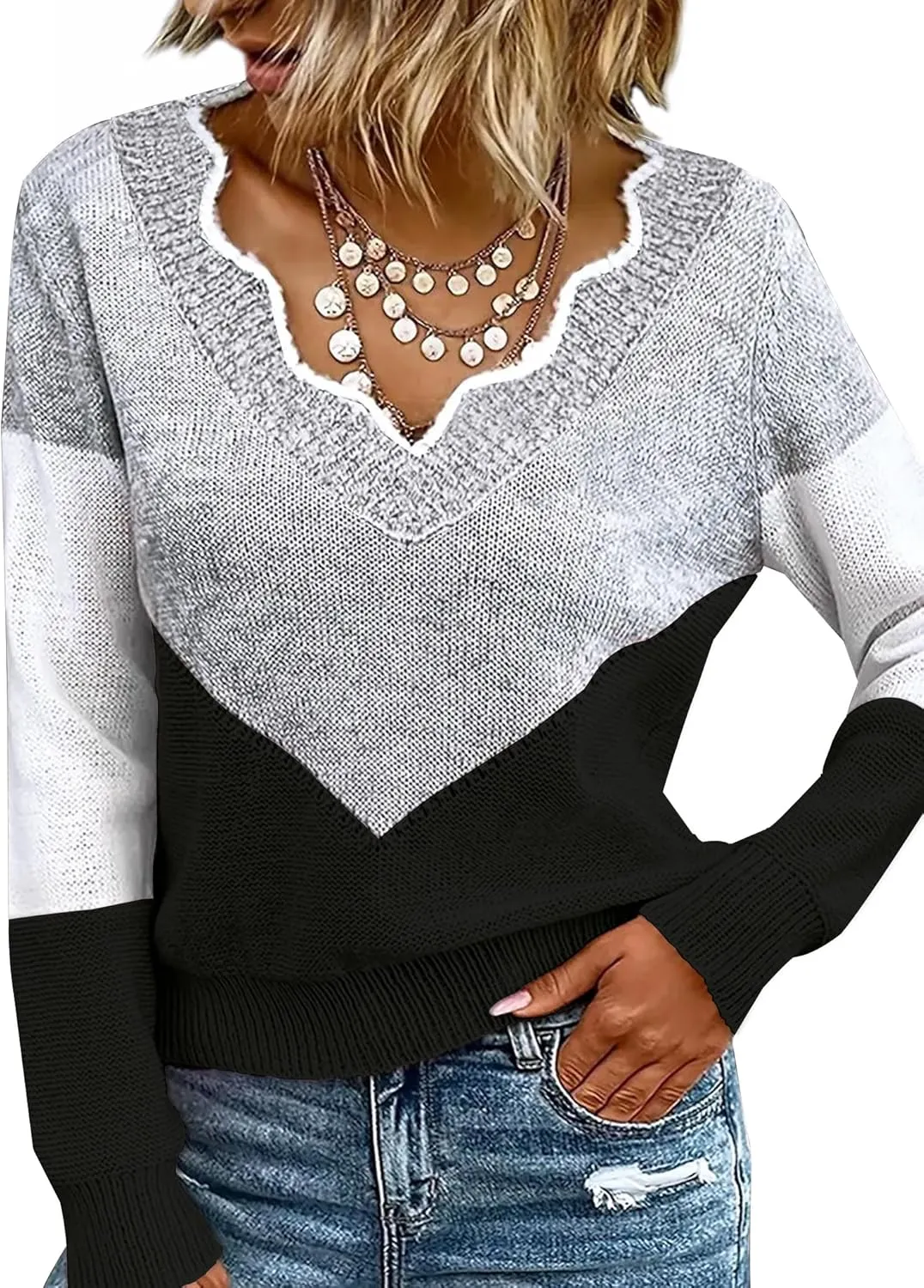 Women Spring Color Block V Neck Knit Pullover Long Sleeve Sexy Casual Soft Sweaters Tops