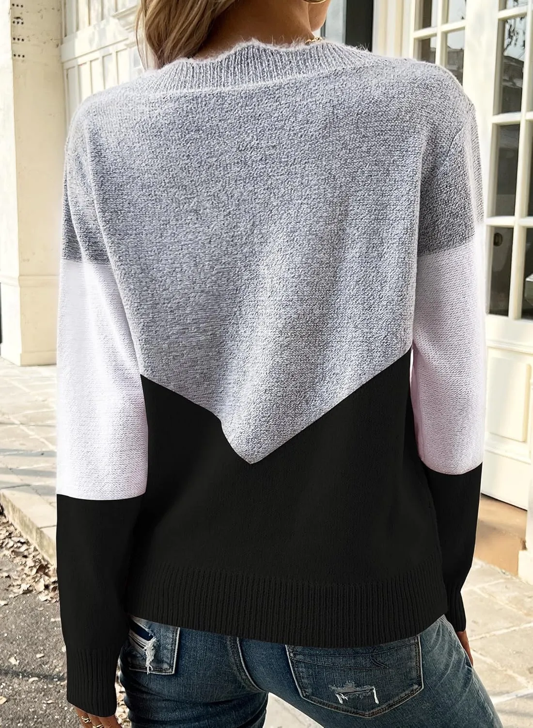 Women Spring Color Block V Neck Knit Pullover Long Sleeve Sexy Casual Soft Sweaters Tops