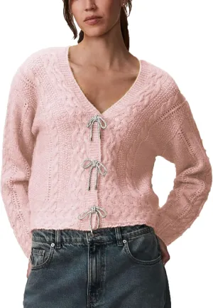 Women Y2K Solid Color Knit Cardigan Long Sleeve V Neck Bow Button Open Front Sweater Top Vintage Going Out Knitwear