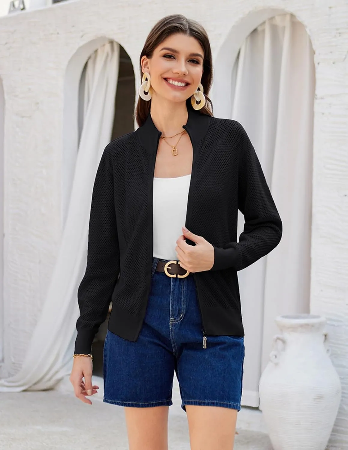 Women's 2025 Summer Mesh Cardigan Lightweight Long Sleeve Zip Up Crochet Knit Sweater Jacket Athleisure Outfits