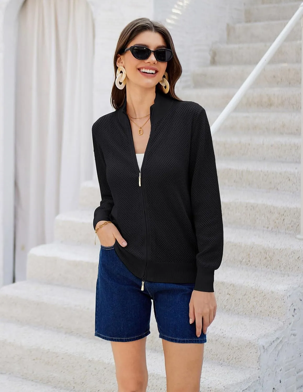 Women's 2025 Summer Mesh Cardigan Lightweight Long Sleeve Zip Up Crochet Knit Sweater Jacket Athleisure Outfits