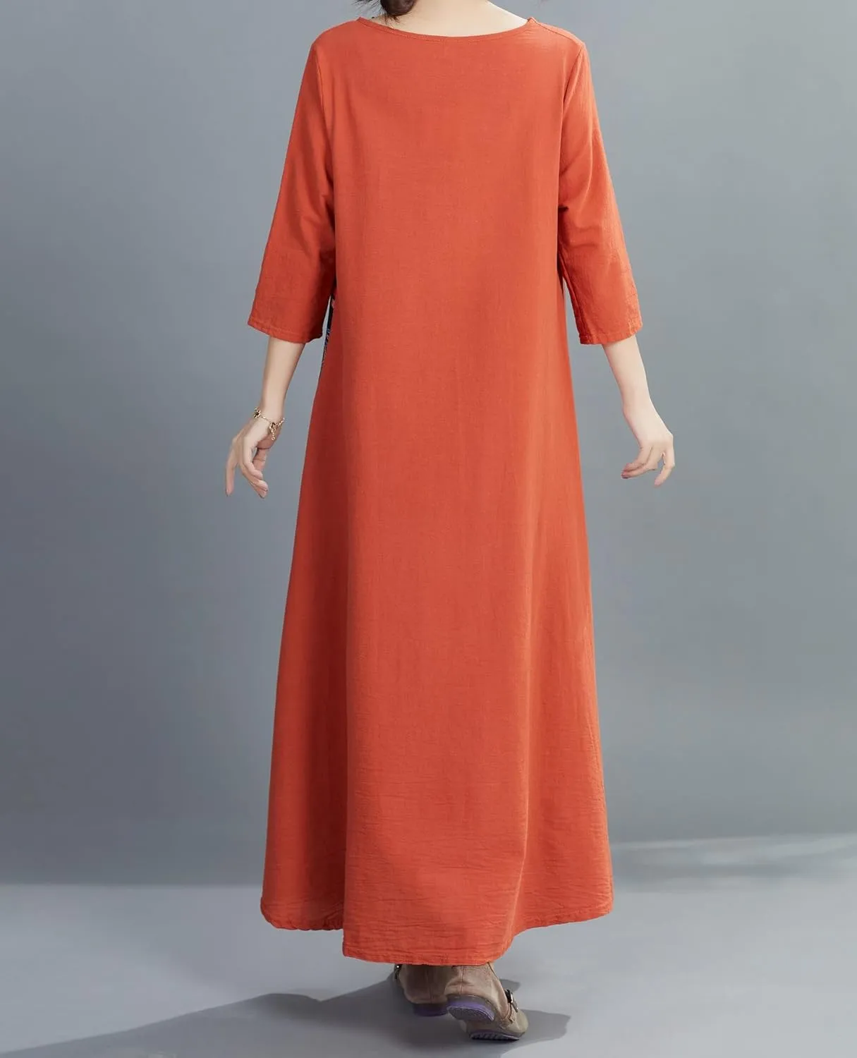 Women's Boho Floral Ethnic Cotton Linen Maxi Dresses 3/4 Sleeve Flowy Loose Casual Long Dress Plus Size