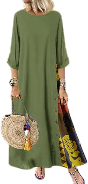 Women's Boho Floral Ethnic Cotton Linen Maxi Dresses 3/4 Sleeve Flowy Loose Casual Long Dress Plus Size
