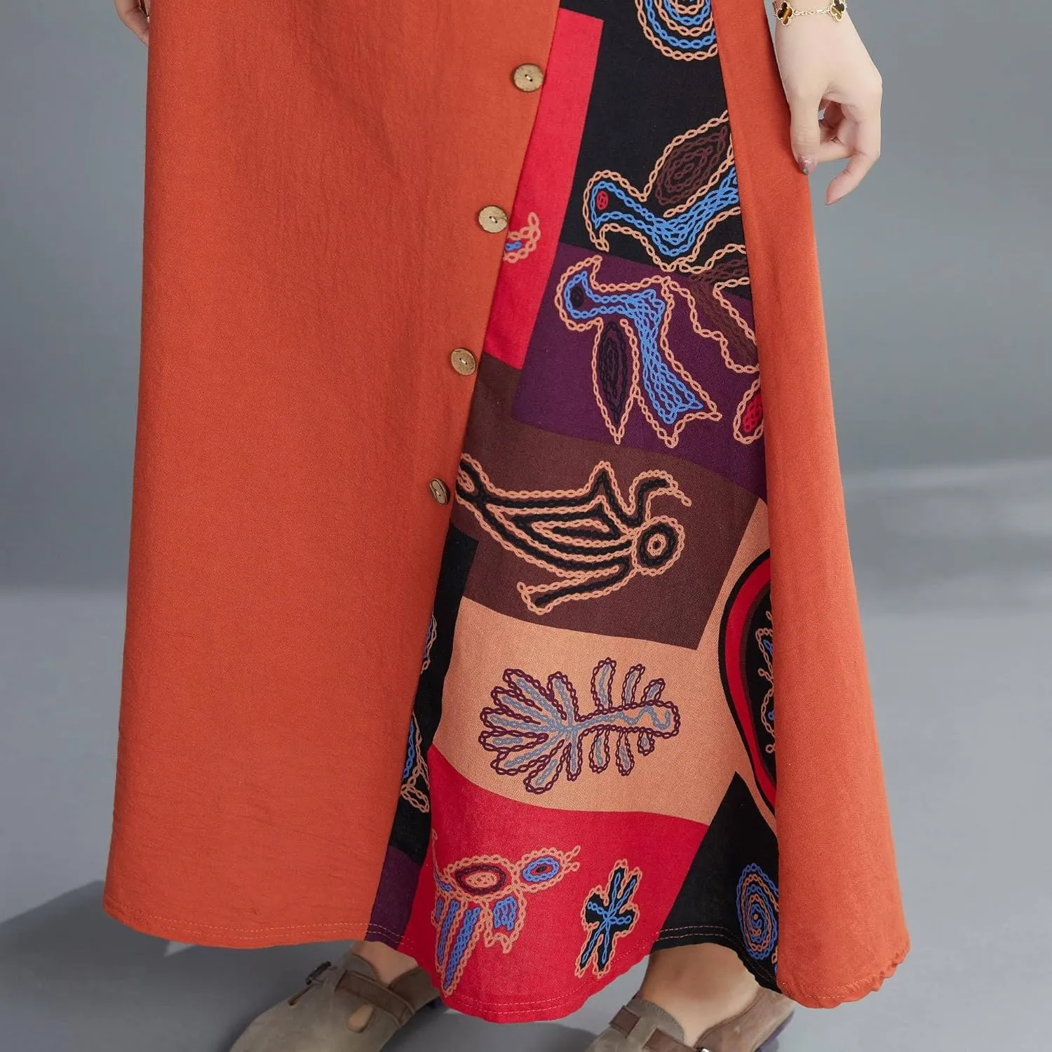 Women's Boho Floral Ethnic Cotton Linen Maxi Dresses 3/4 Sleeve Flowy Loose Casual Long Dress Plus Size
