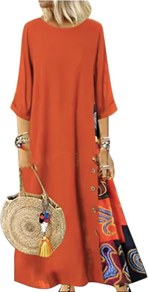 Women's Boho Floral Ethnic Cotton Linen Maxi Dresses 3/4 Sleeve Flowy Loose Casual Long Dress Plus Size