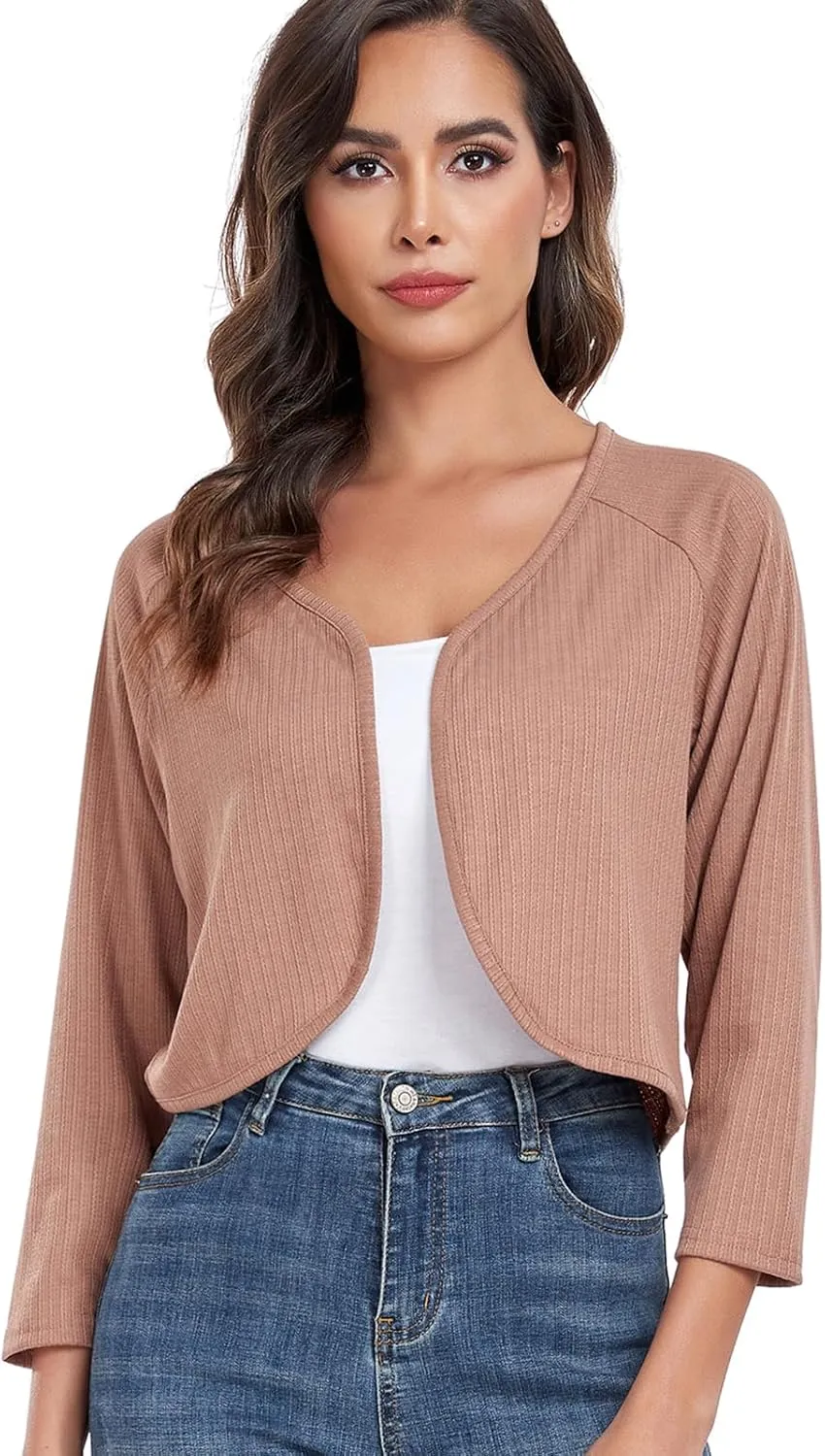 Women's Bolero Shrug Crop Cardigan Open Front Knit Sweater 3/4 Sleeve Tops