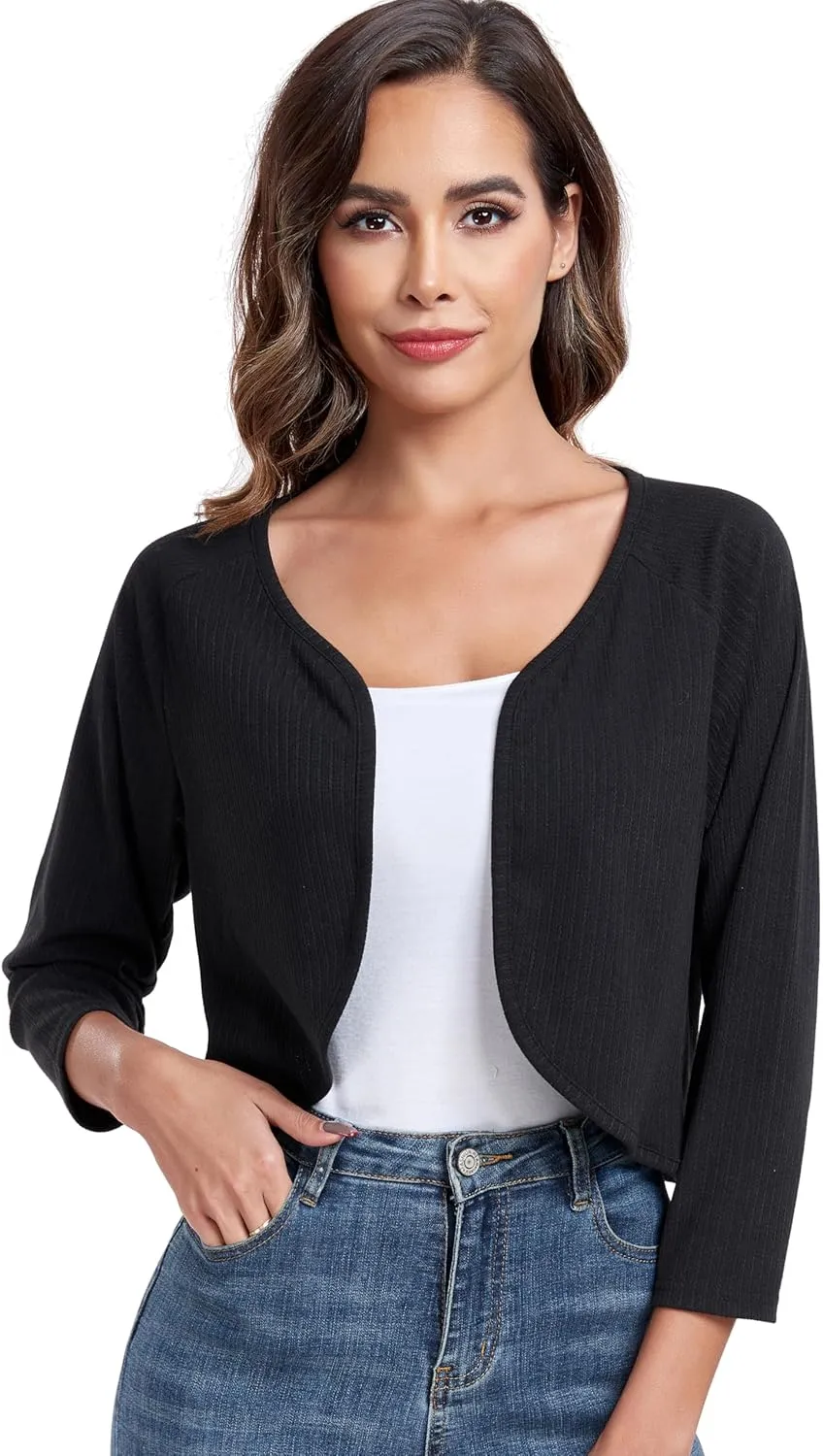 Women's Bolero Shrug Crop Cardigan Open Front Knit Sweater 3/4 Sleeve Tops