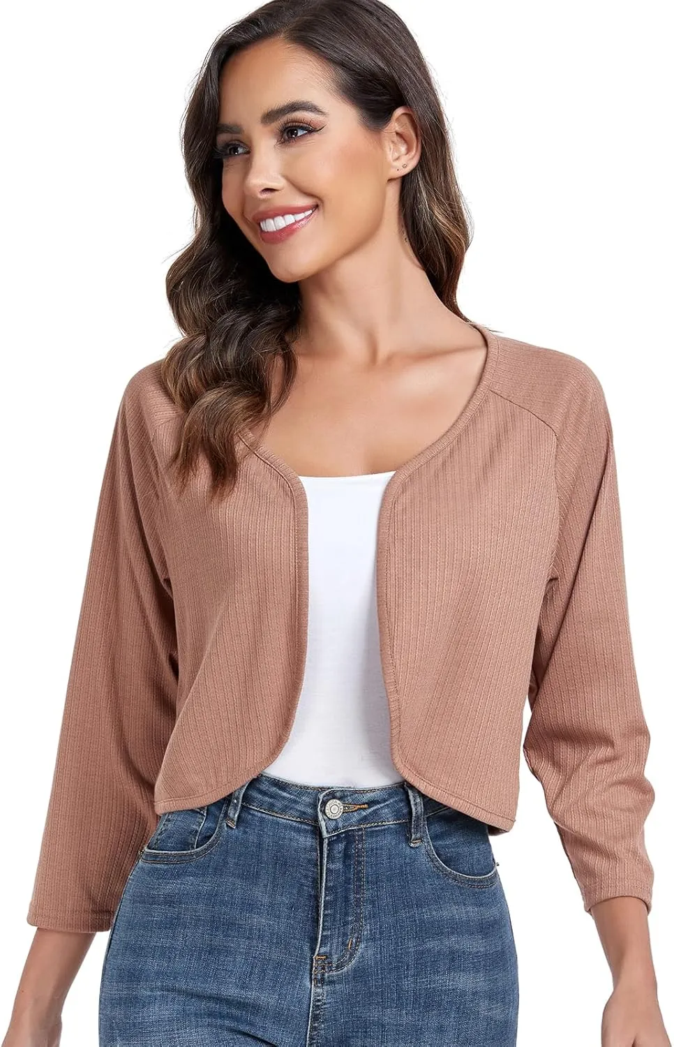 Women's Bolero Shrug Crop Cardigan Open Front Knit Sweater 3/4 Sleeve Tops