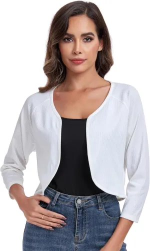 Women's Bolero Shrug Crop Cardigan Open Front Knit Sweater 3/4 Sleeve Tops