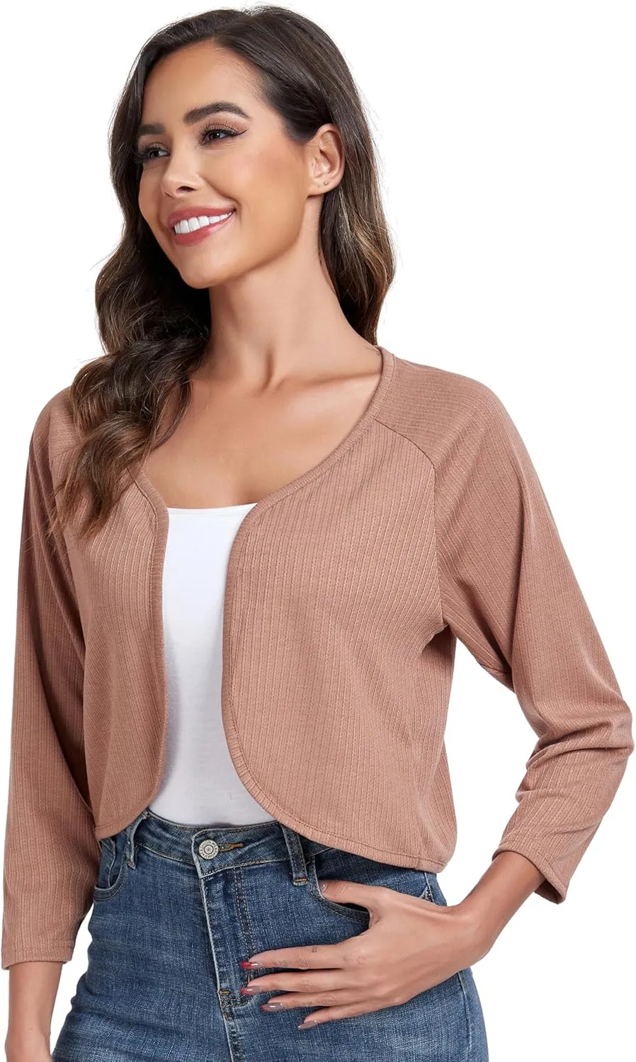 Women's Bolero Shrug Crop Cardigan Open Front Knit Sweater 3/4 Sleeve Tops