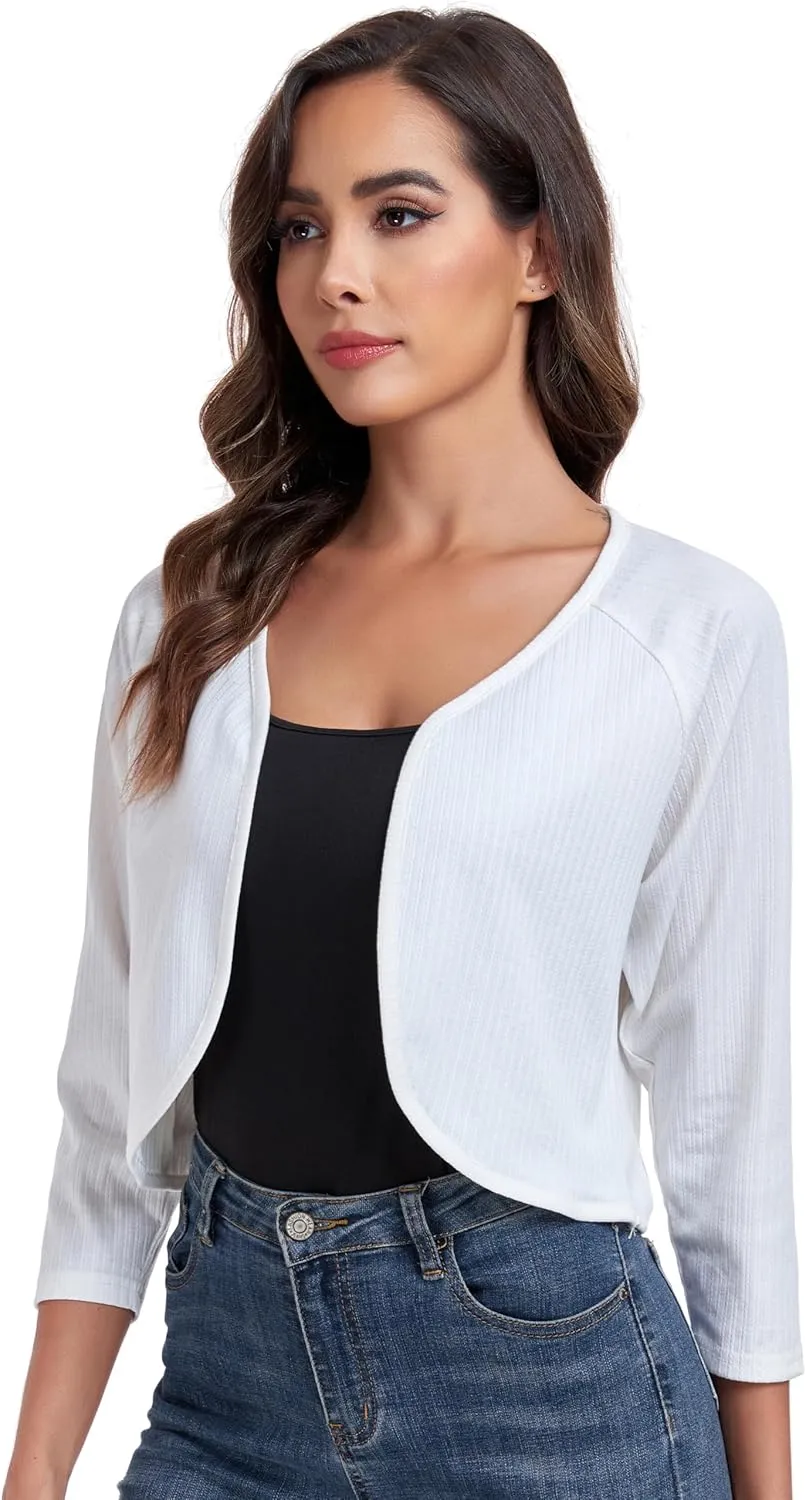Women's Bolero Shrug Crop Cardigan Open Front Knit Sweater 3/4 Sleeve Tops