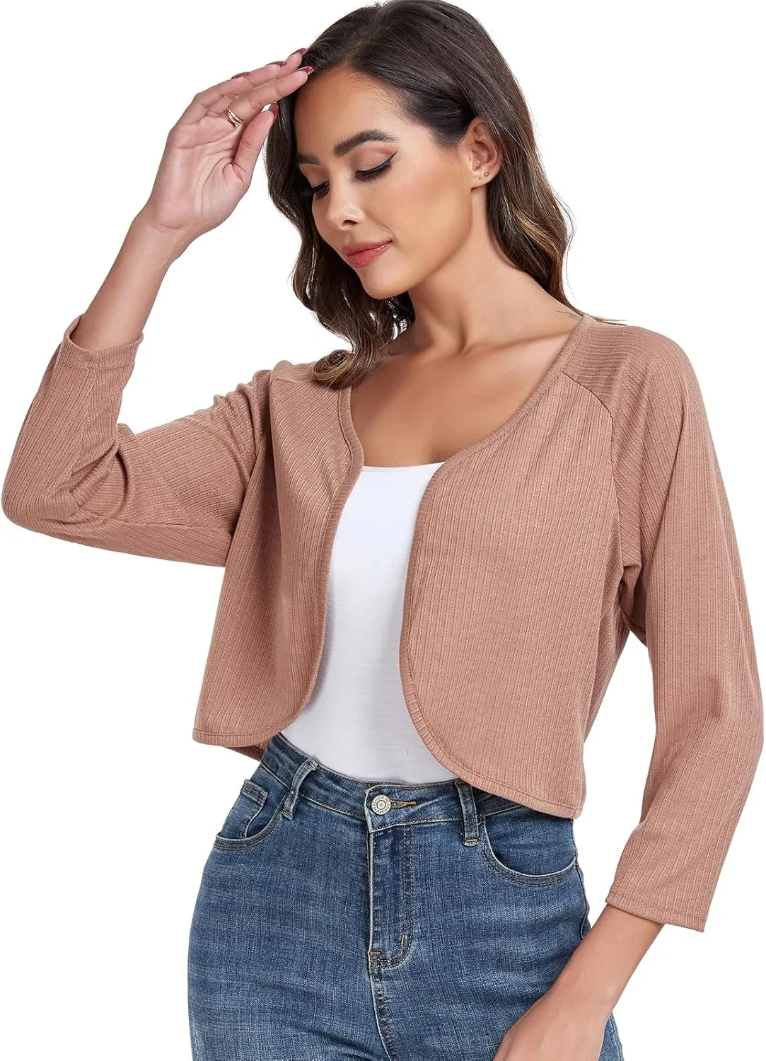 Women's Bolero Shrug Crop Cardigan Open Front Knit Sweater 3/4 Sleeve Tops