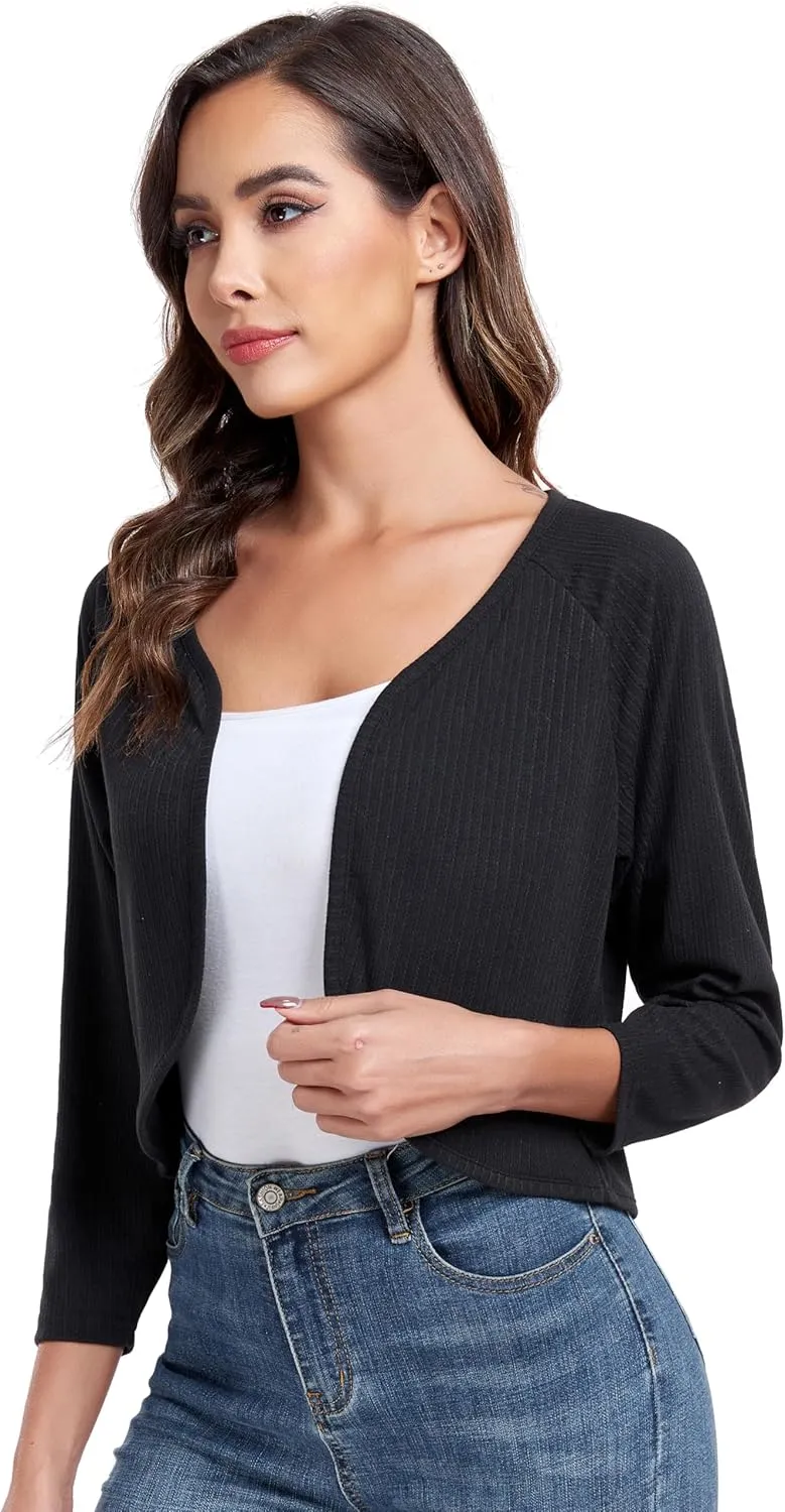 Women's Bolero Shrug Crop Cardigan Open Front Knit Sweater 3/4 Sleeve Tops