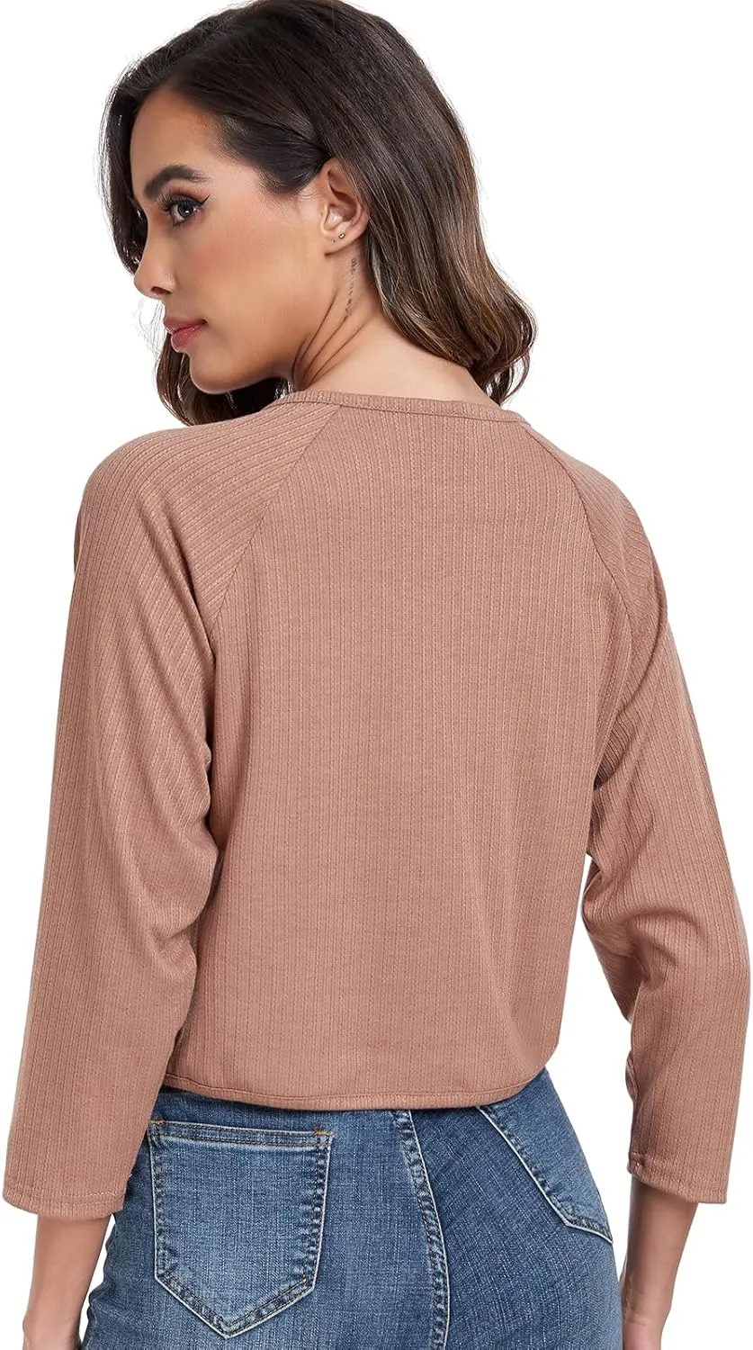 Women's Bolero Shrug Crop Cardigan Open Front Knit Sweater 3/4 Sleeve Tops