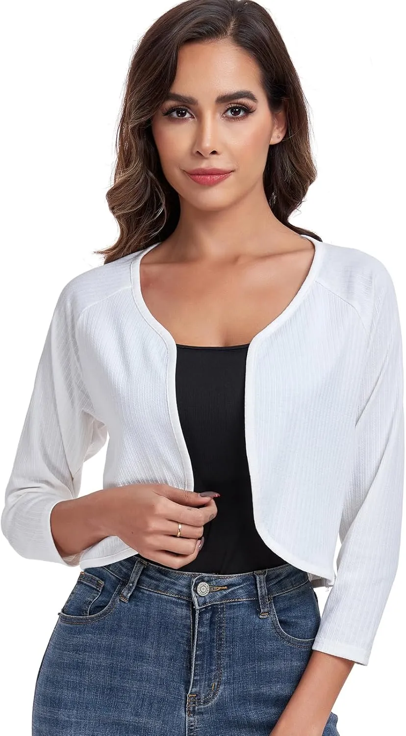 Women's Bolero Shrug Crop Cardigan Open Front Knit Sweater 3/4 Sleeve Tops