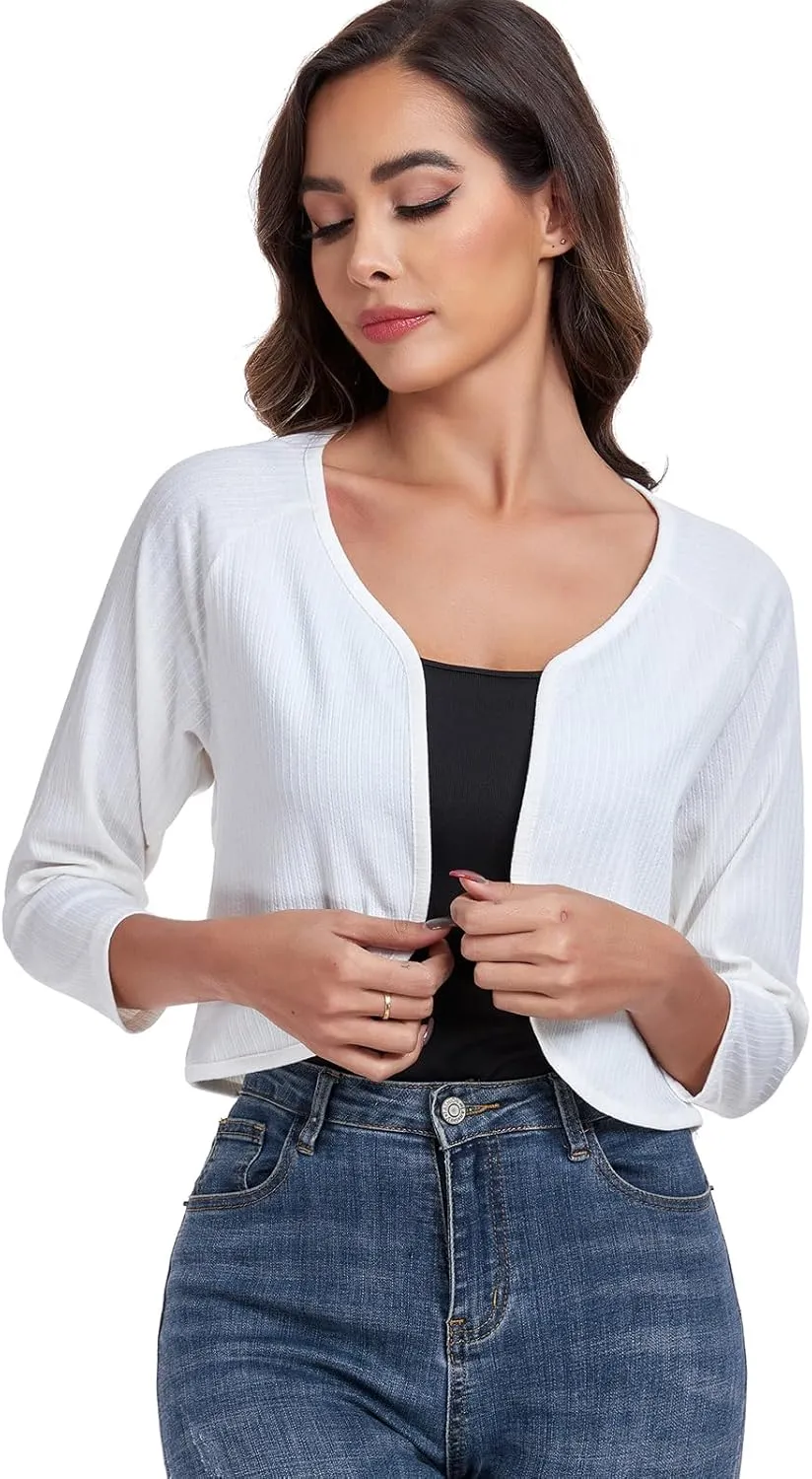 Women's Bolero Shrug Crop Cardigan Open Front Knit Sweater 3/4 Sleeve Tops