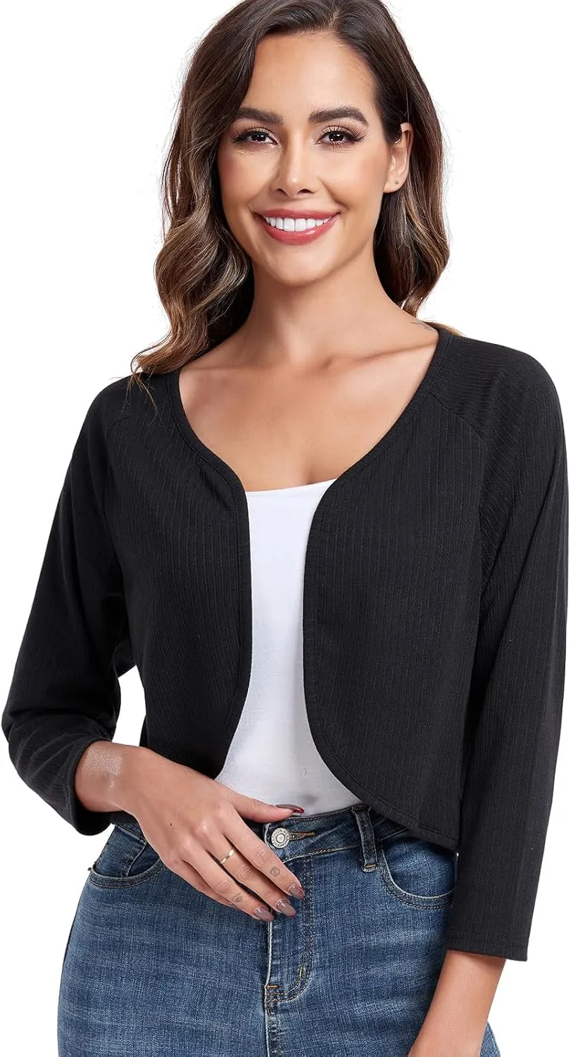 Women's Bolero Shrug Crop Cardigan Open Front Knit Sweater 3/4 Sleeve Tops