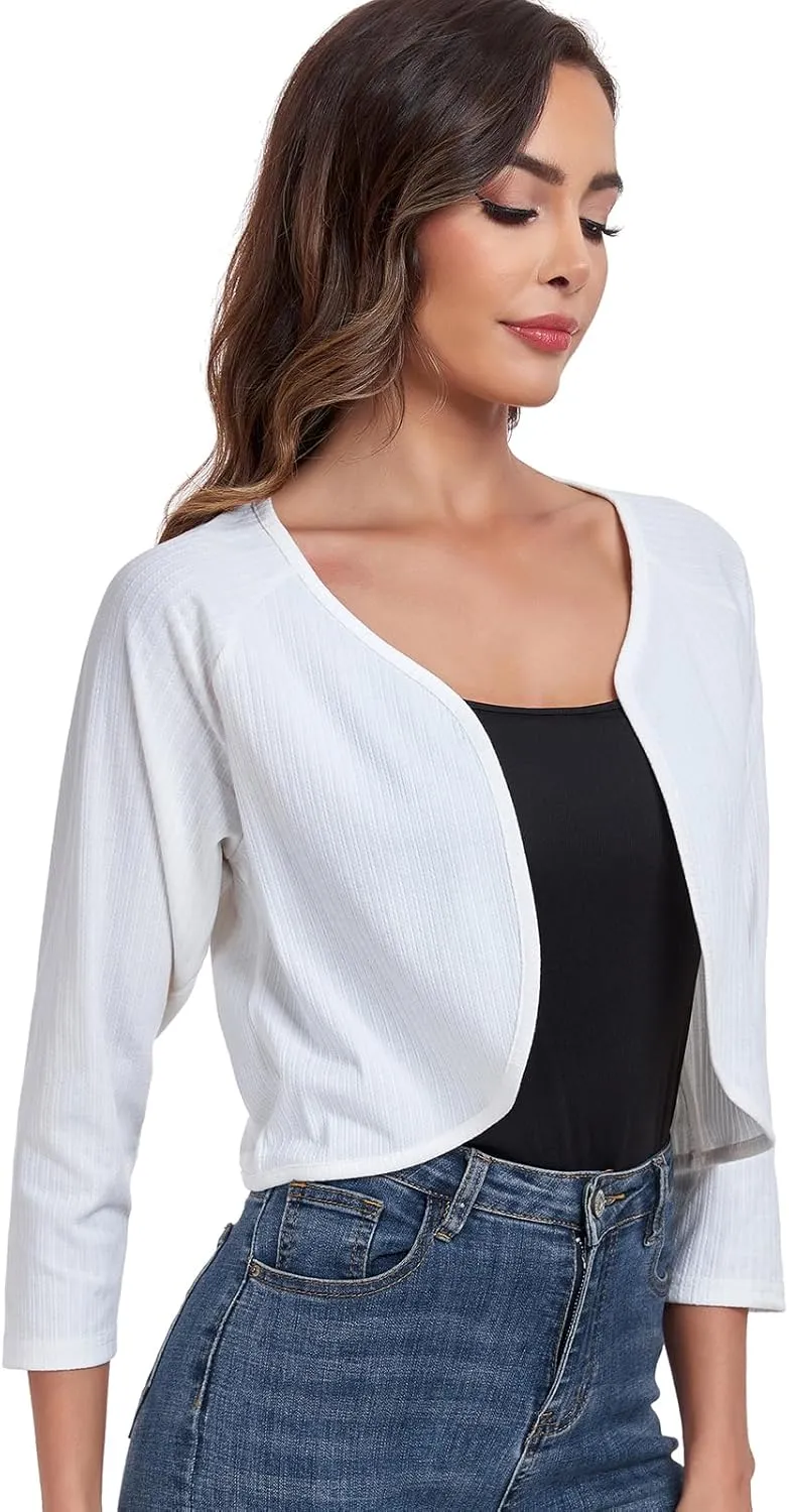 Women's Bolero Shrug Crop Cardigan Open Front Knit Sweater 3/4 Sleeve Tops