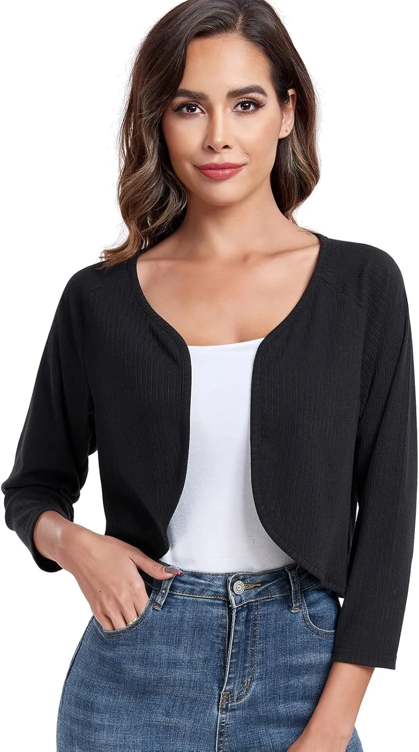 Women's Bolero Shrug Crop Cardigan Open Front Knit Sweater 3/4 Sleeve Tops