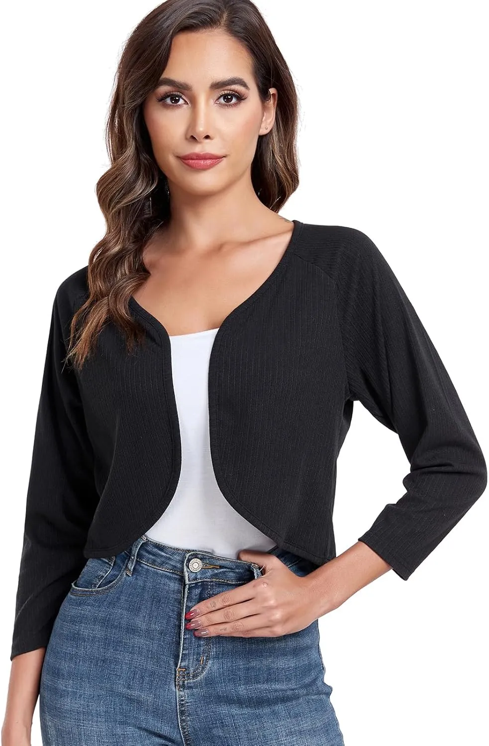 Women's Bolero Shrug Crop Cardigan Open Front Knit Sweater 3/4 Sleeve Tops