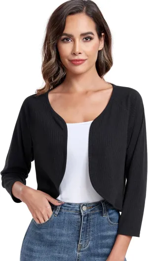 Women's Bolero Shrug Crop Cardigan Open Front Knit Sweater 3/4 Sleeve Tops
