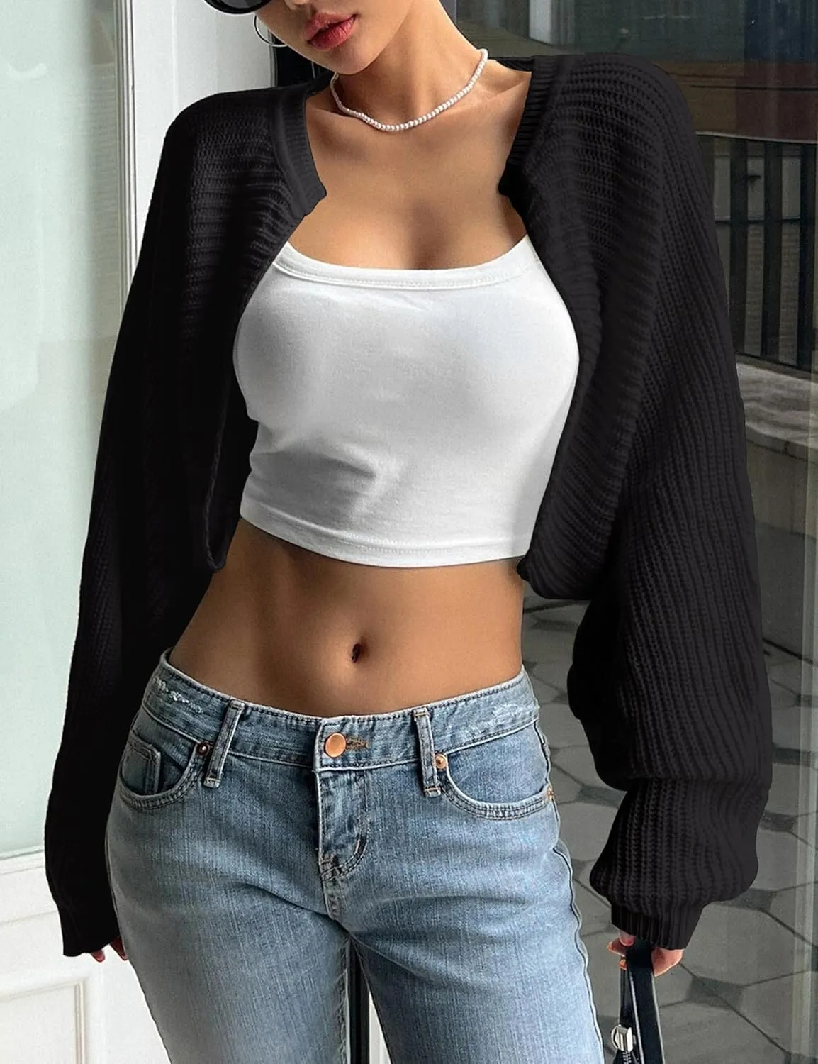 Womens Bolero Shrug Sweaters Long Sleeve Open Front Rib Knit Cropped Cardigan Sweater