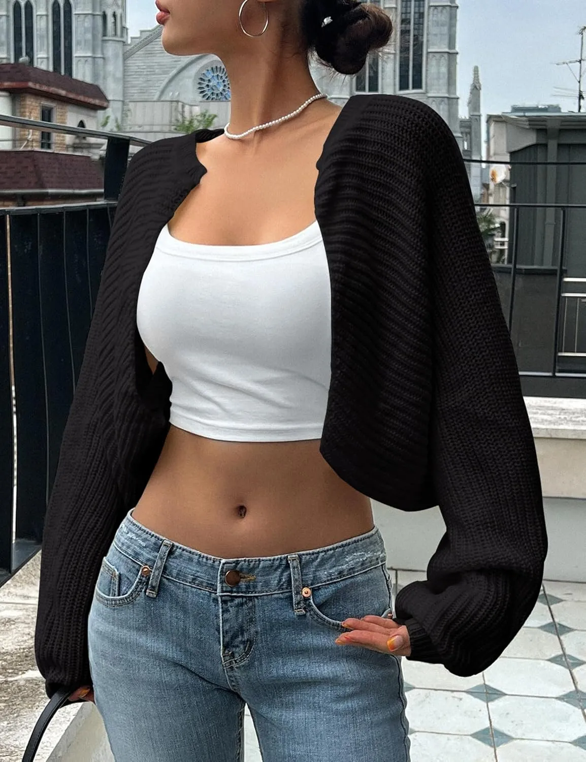 Womens Bolero Shrug Sweaters Long Sleeve Open Front Rib Knit Cropped Cardigan Sweater