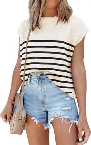 Womens Cap Sleeve Sweater Vest Summer Tops Sleeveless Tank 2025 Trendy Spring Clothes Striped Short Sleeve Shirts