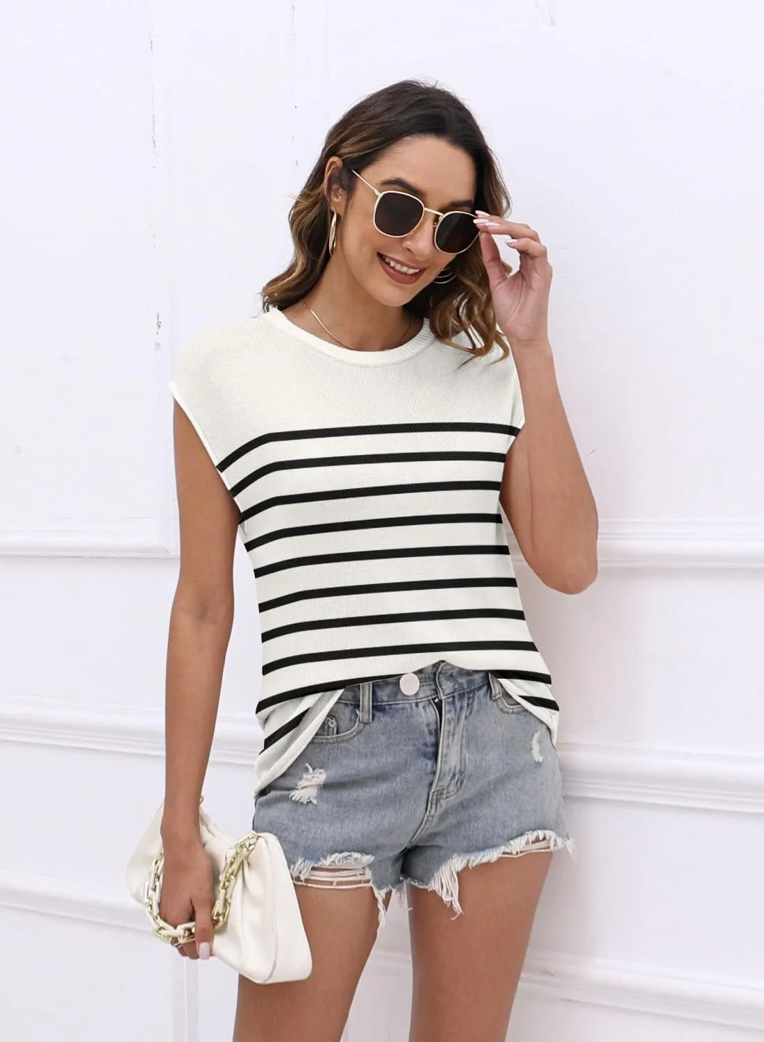 Womens Cap Sleeve Sweater Vest Summer Tops Sleeveless Tank 2025 Trendy Spring Clothes Striped Short Sleeve Shirts