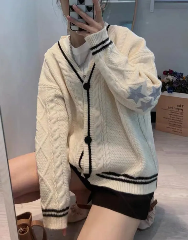 Women's Cardigan Star Embroidery Knit Open Front Cardigan V Neck Long Sleeve Oversized Button Sweater Coat Outwear