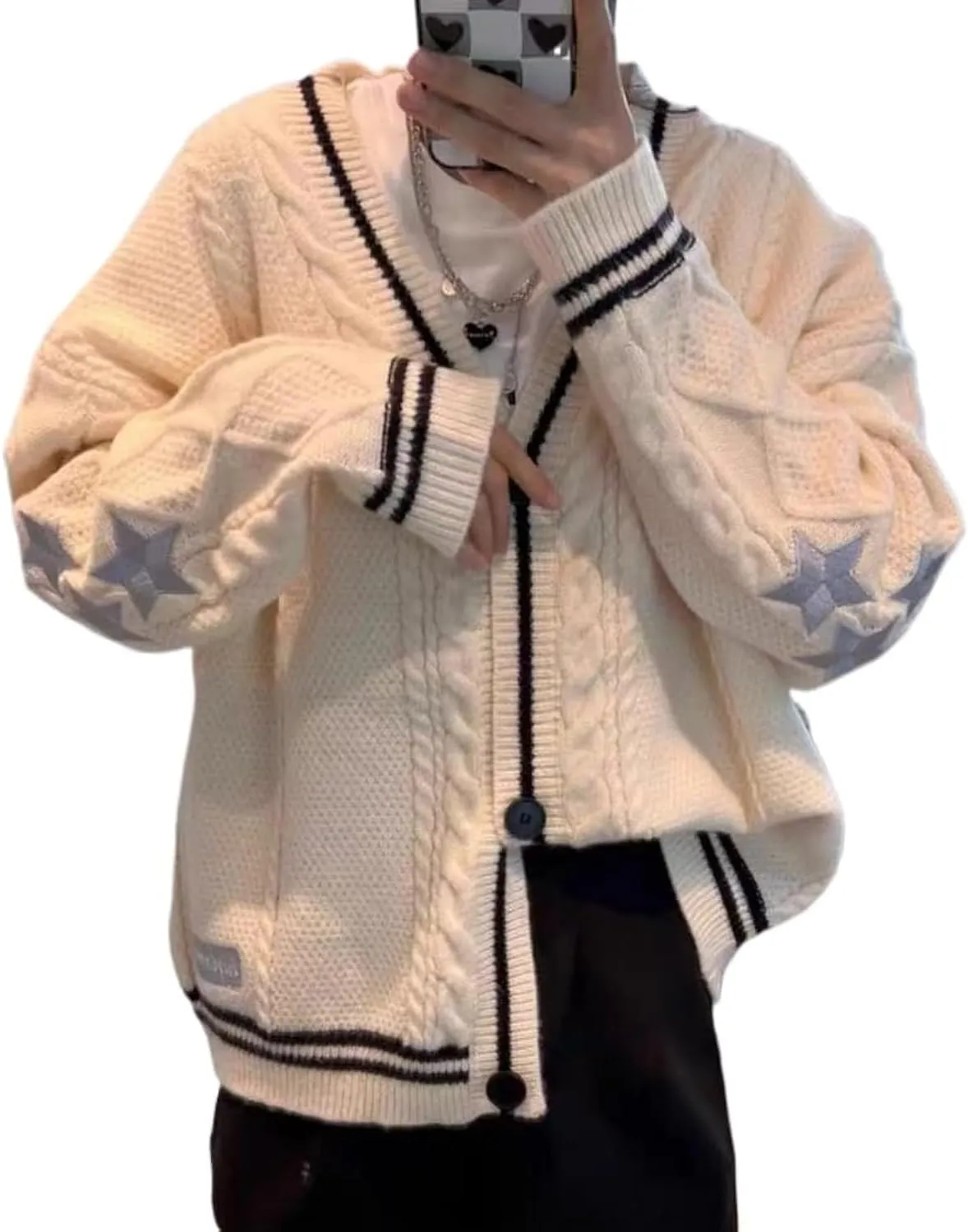 Women's Cardigan Star Embroidery Knit Open Front Cardigan V Neck Long Sleeve Oversized Button Sweater Coat Outwear