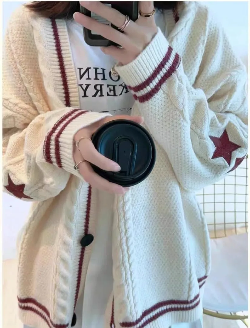 Women's Cardigan Star Embroidery Knit Open Front Cardigan V Neck Long Sleeve Oversized Button Sweater Coat Outwear
