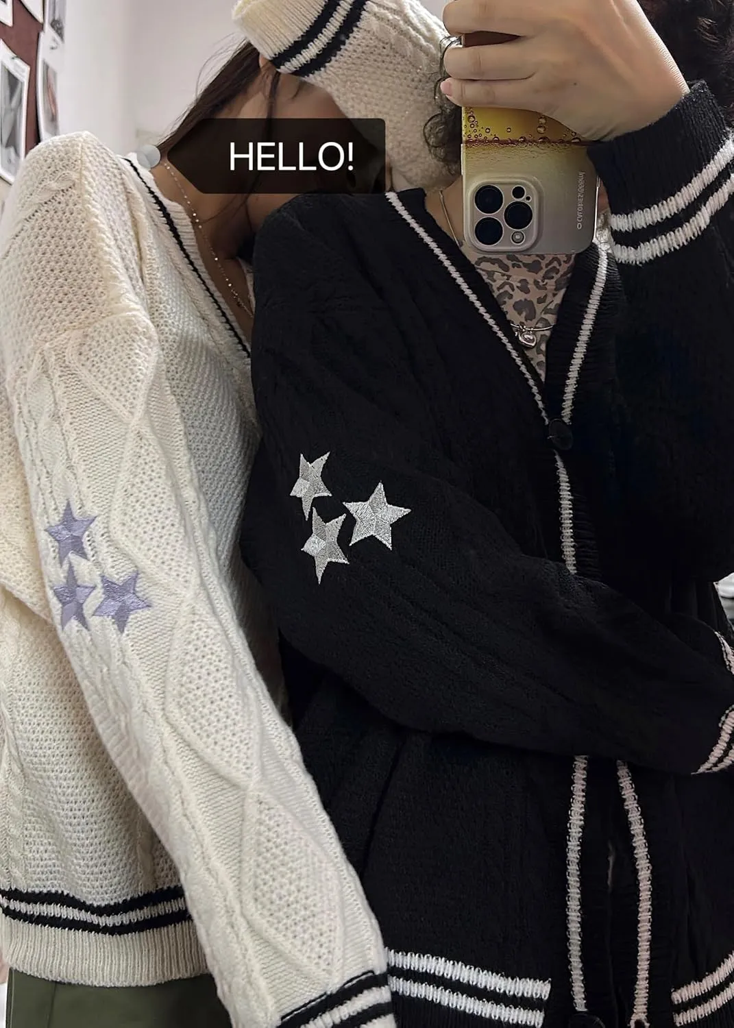Women's Cardigan Star Embroidery Knit Open Front Cardigan V Neck Long Sleeve Oversized Button Sweater Coat Outwear